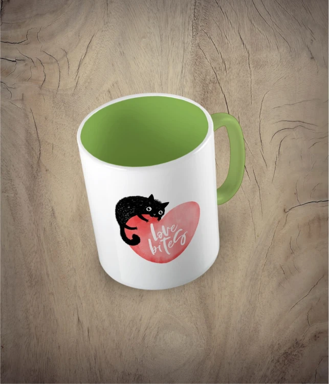 Kubek love bites with cat jasnozielony