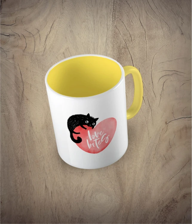 Kubek love bites with cat żółty
