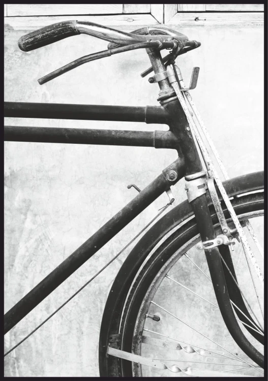 Plakat zabytkowy rower w odcieniach szarości, fotografia roweru w dawnym stylu