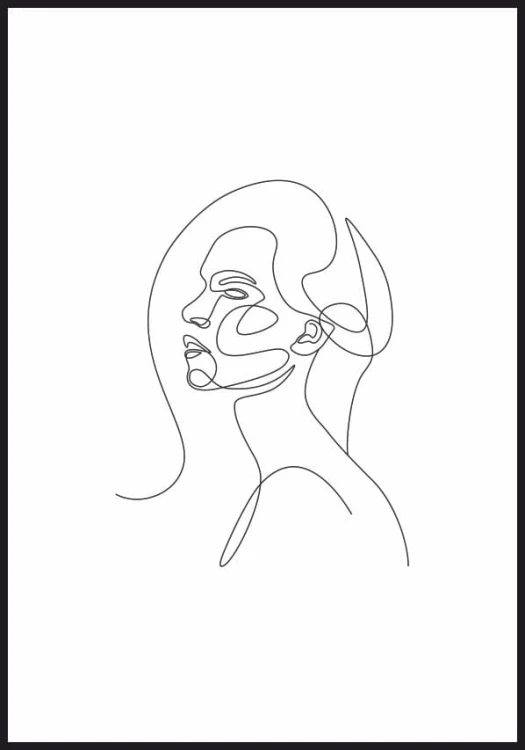 Ilustracja na ścianę z profilem kobiety w stylu line art, plakat z białym marginesem dookoła