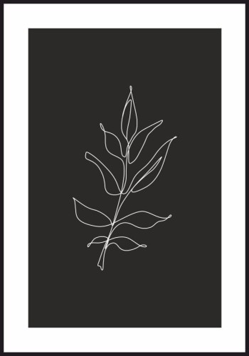 Plakat line art zarys białej gałązki na czarnym tle, poster z białym marginesem dookoła