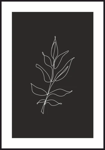 Plakat line art zarys białej gałązki na czarnym tle, poster z białym marginesem dookoła