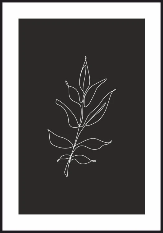 Plakat line art zarys białej gałązki na czarnym tle, poster z białym marginesem dookoła