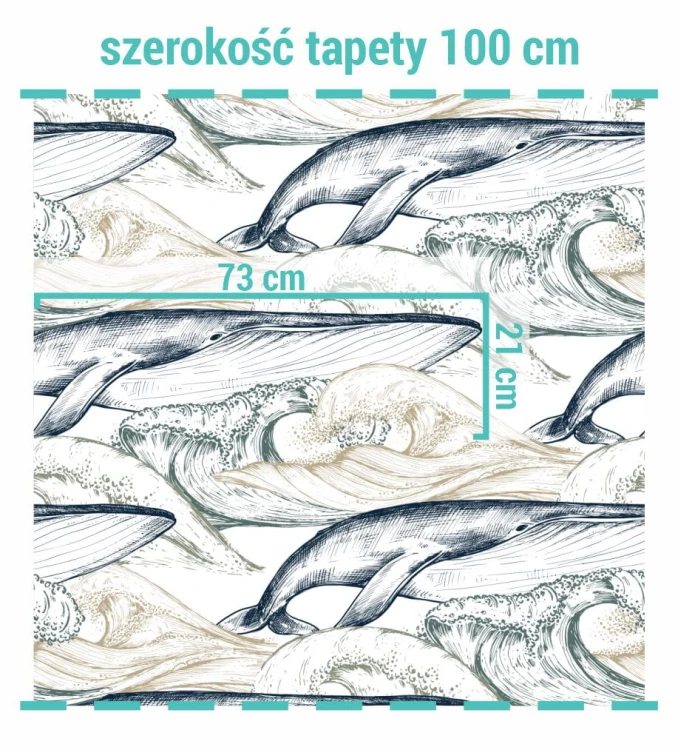 Wymiary na tapecie fale oceanu i wieloryby.