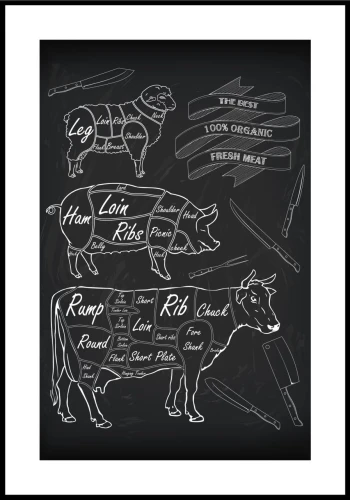 Plakat butchers - czarno-biała ilustracja ze szkicem zwierząt mięsnych - świni, owcy i krowy. Poster z białym marginesem dookoła.