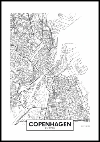 Plakat plan Kopenhagi - czarno-biały plan miasta przedstawiający siatkę ulic stolicy Danii.