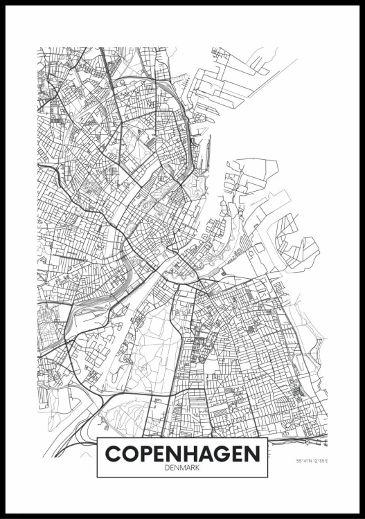 Plakat plan Kopenhagi - czarno-biały plan miasta przedstawiający siatkę ulic stolicy Danii.