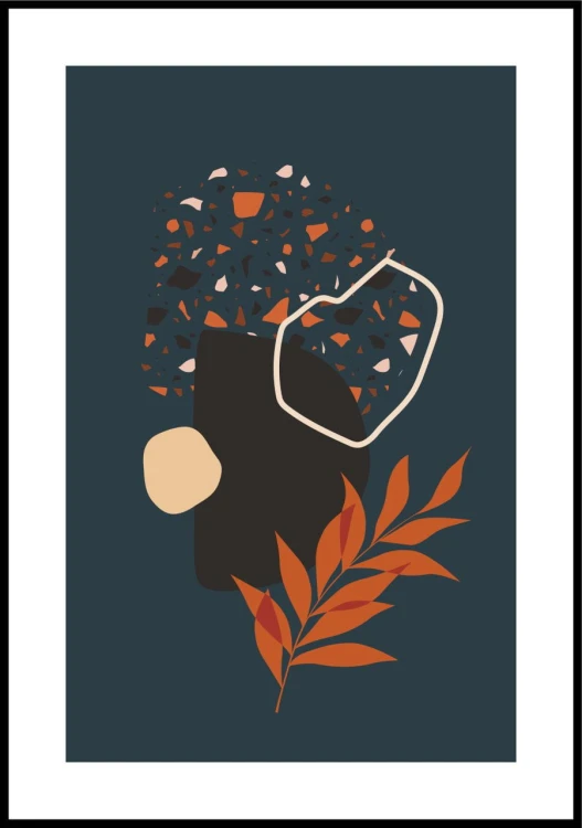 Plakat w soczystych barwach ilustrujący pomarańczową gałązkę w nocy. Obrazek z białym marginesem dookoła.