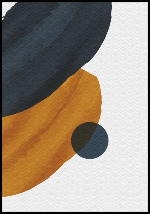 Plakat z deseniem fal przedstawiający rudą i grafitową figurę geometryczną.
