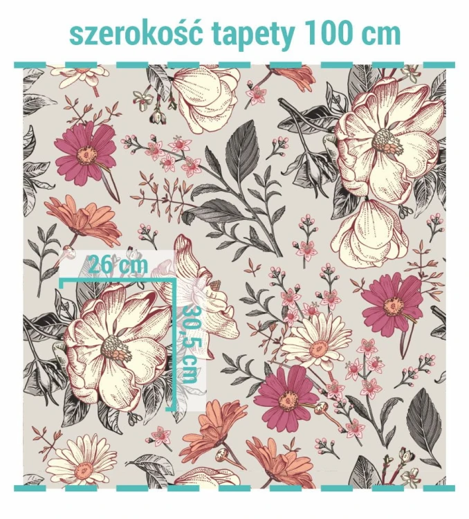 Wielkość wzoru na tapecie dzika róża i rumianek.