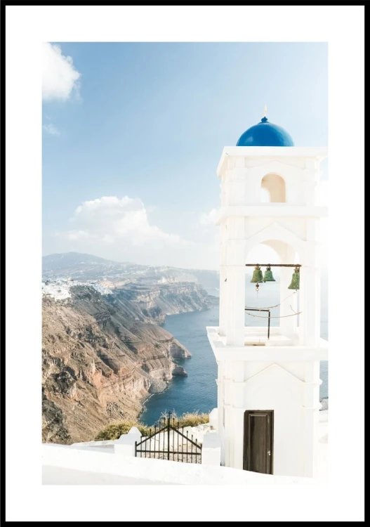 Plakat wieża na Santorini z białym marginesem dookoła.