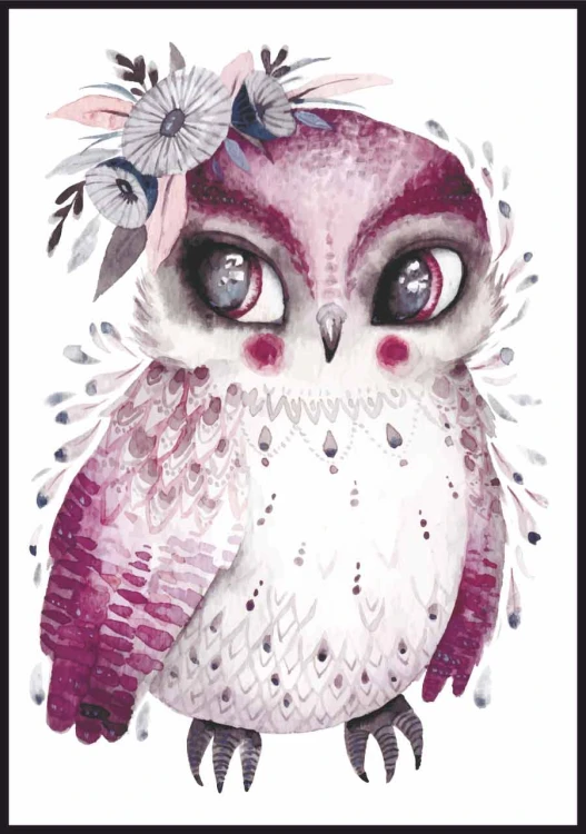 Plakat boho sowa - fioletowa sowa w stylu hippisowskim na obrazku do pokoju dziecka.