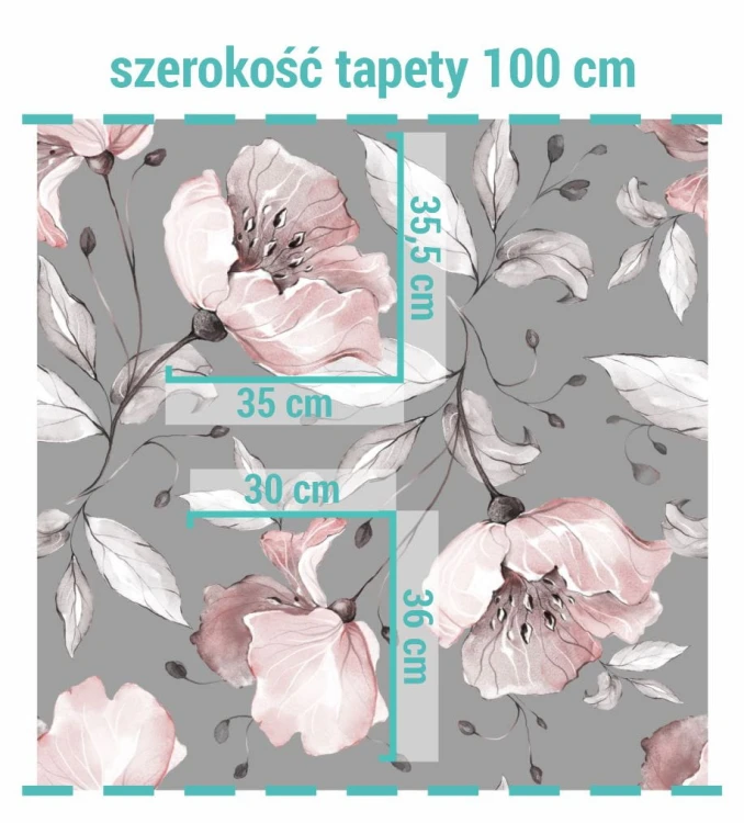 Wielkość wzoru na tapecie szara kwiatowa róża.