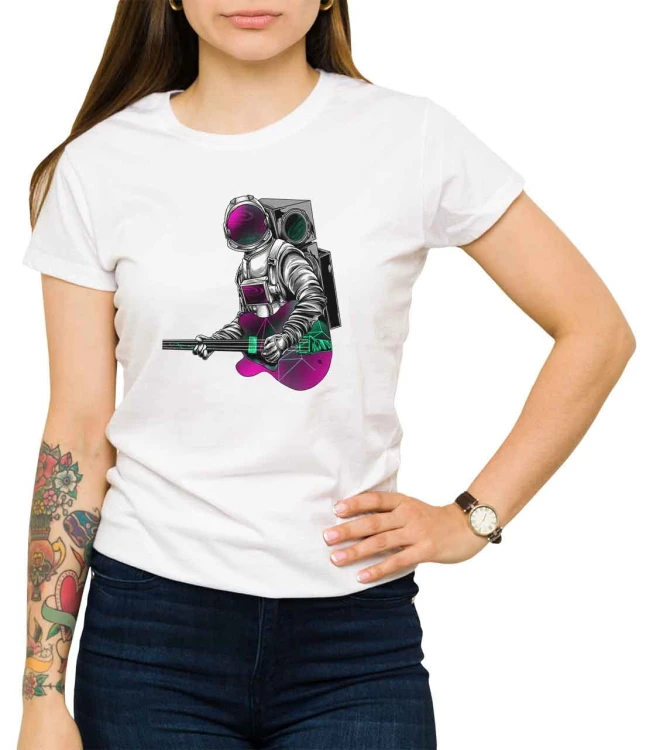 Biała koszulka damska astronauta z gitarą