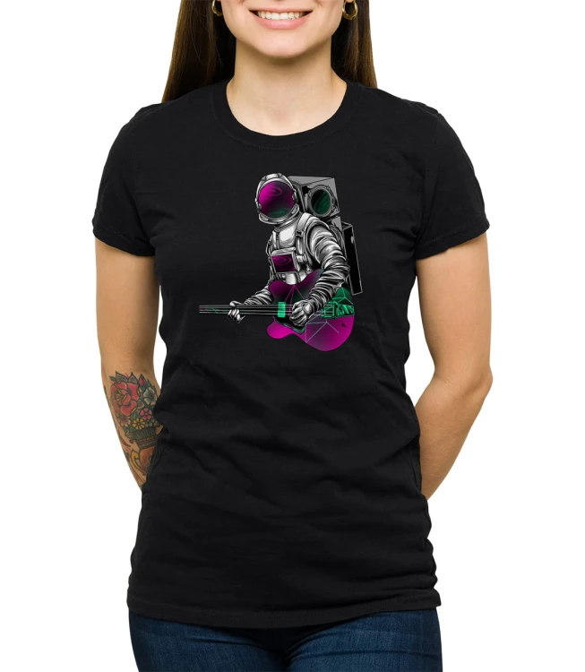 Czarny T-shirt dla niej z astronautą muzykiem