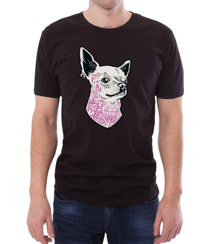 Czarny T-shirt męski chihuahua z tatuażem