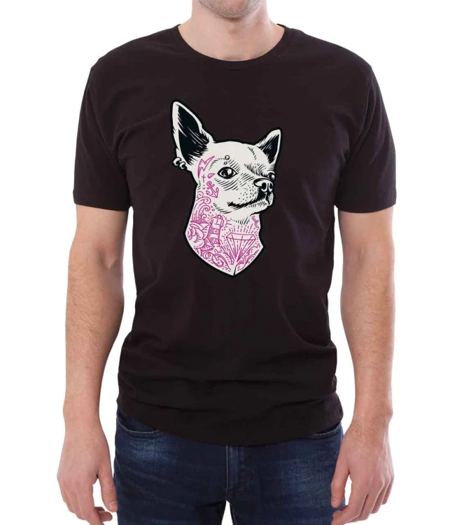 Czarny T-shirt męski chihuahua z tatuażem