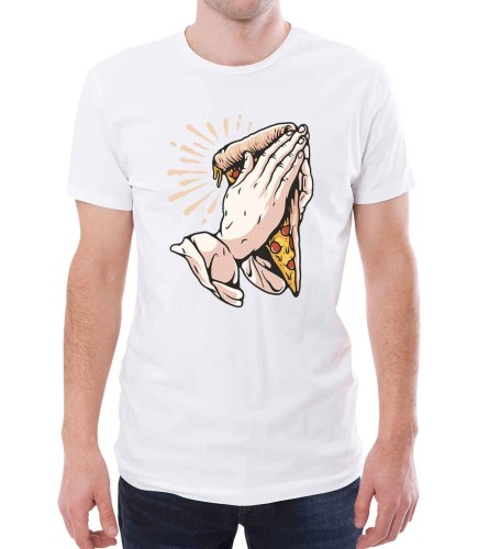 Biała koszulka męska chwalmy pizzę