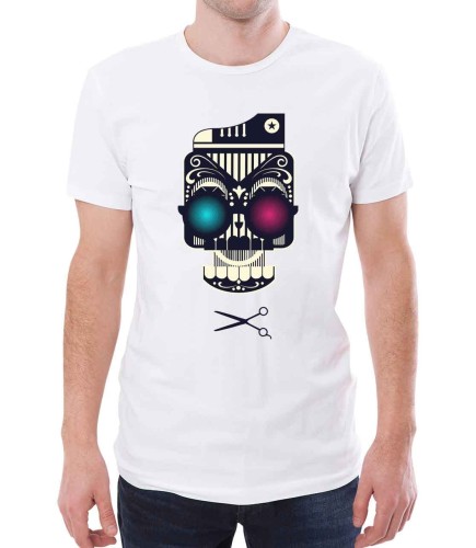 Biały T-shirt dla niego z czaszką muzykiem