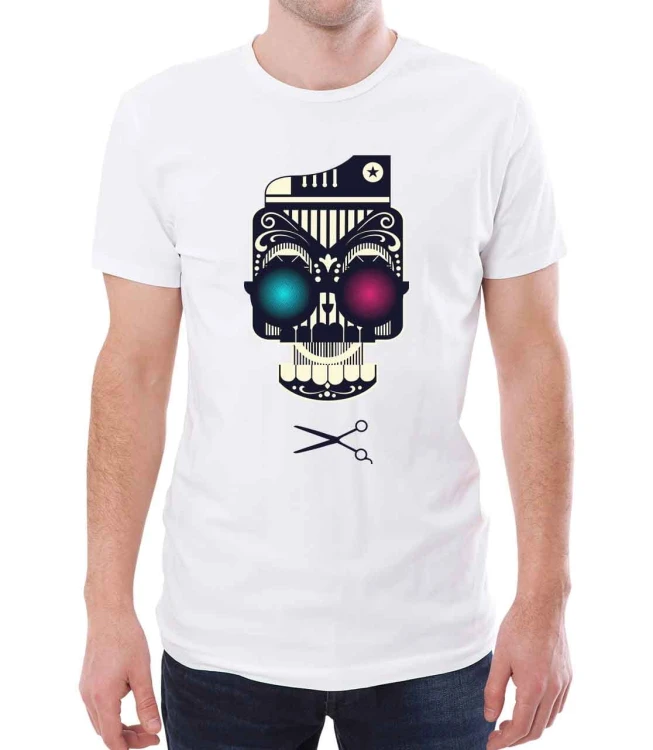 Biały T-shirt dla niego z czaszką muzykiem