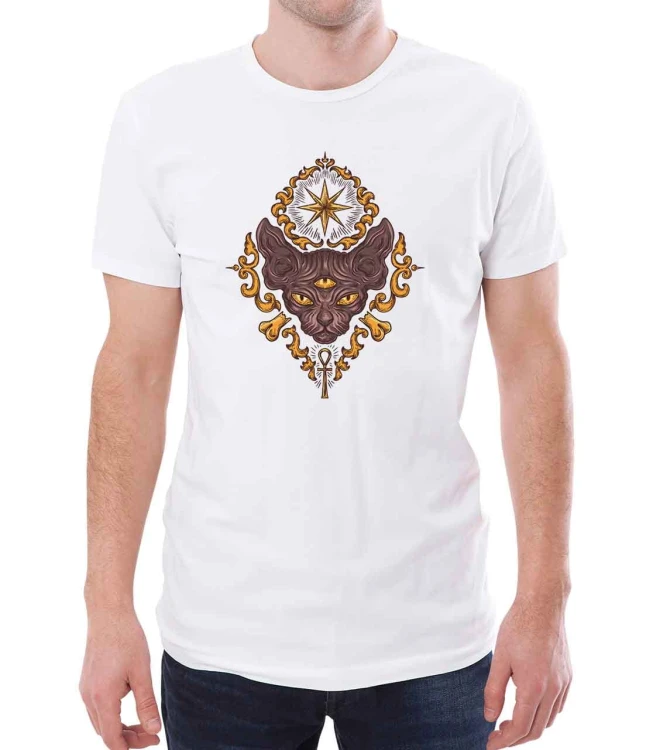Biały T-shirt męski z trójokim kotem