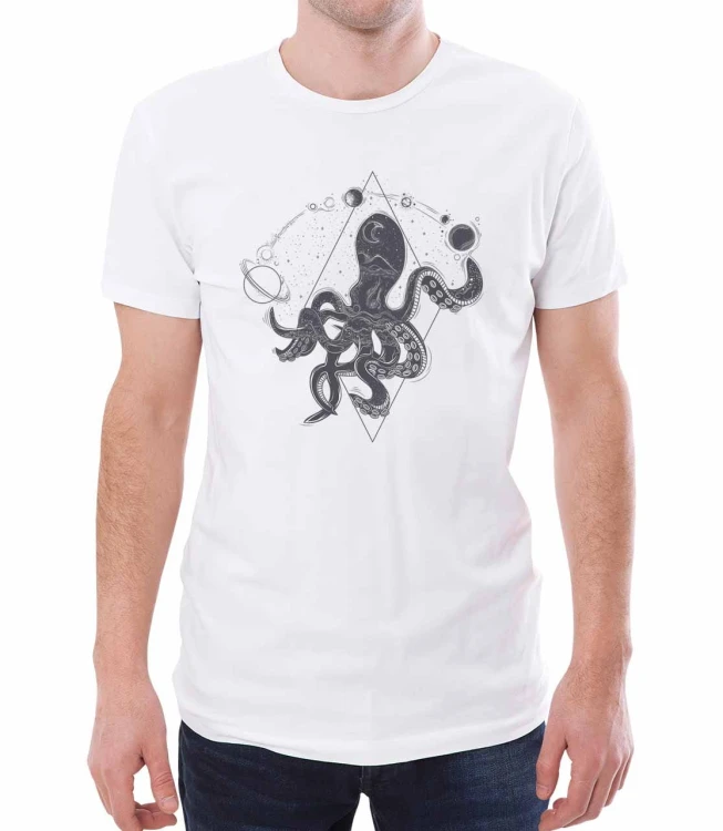 Biały męski T-shirt z ośmiornicą i planetami