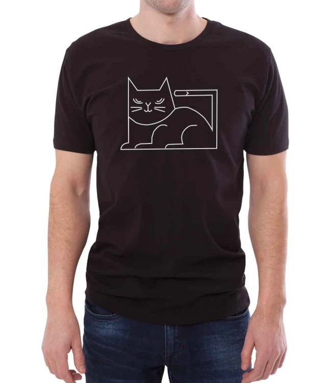 Czarny T-shirt dla niego z leżącym, białym kotem