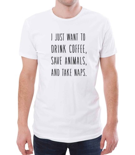 Biały T-shirt dla niego z napisami - I want to drink coffee