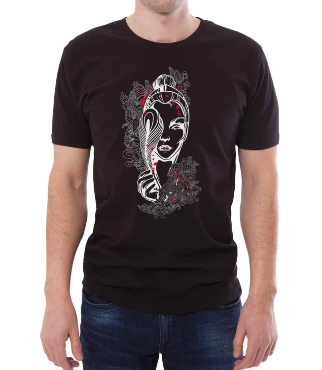Czarny T-shirt dla niego z wizerunkiem kobiety otoczonej kwiatami