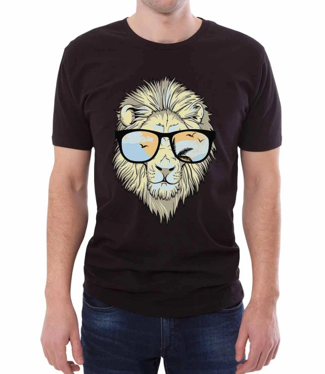 Czarny T-shirt dla niego z lwem w okularach przeciwsłonecznych