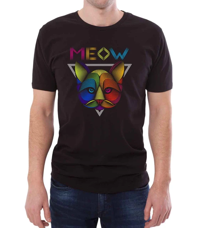 Czarny T-shirt męski ze wzorem kota