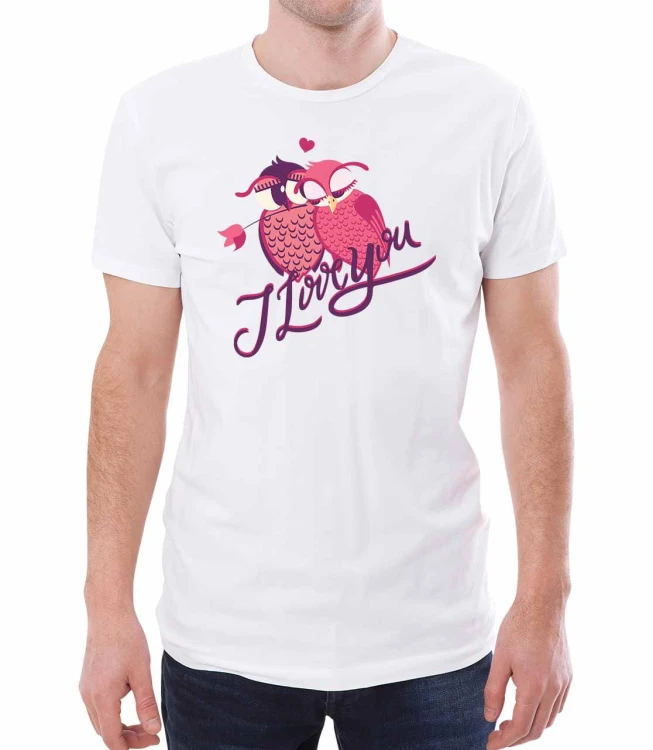 Biały T-shirt męski z różowymi sowami i napisem I love you