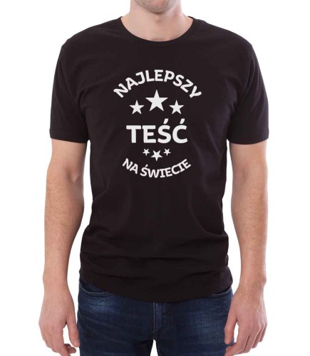 Czarny T-shirt dla ojca żony. Koszulka z białym nadrukiem na upominek z okazji imienin, urodzin, na gwiazdkę.