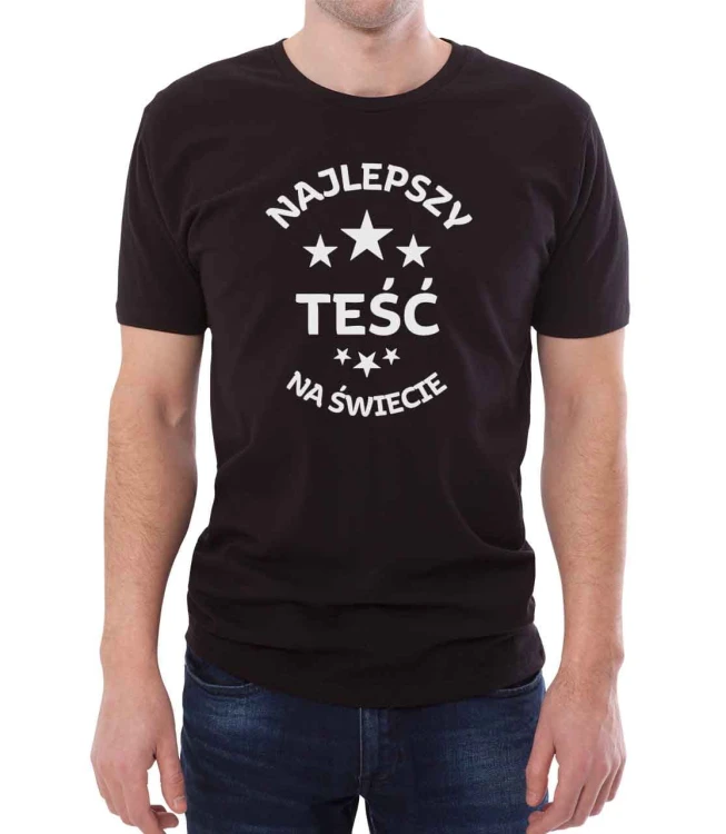Czarny T-shirt dla ojca żony. Koszulka z białym nadrukiem na upominek z okazji imienin, urodzin, na gwiazdkę.