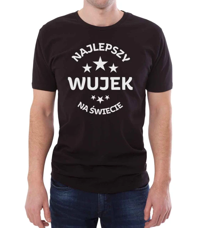 Czarny T-shirt z białym nadrukiem dla stryjka.  Czarna koszulka z napisem na prezent dla wujka.