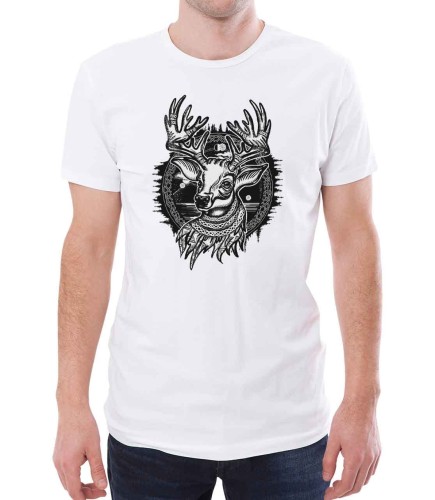 Biała koszulka męska na święta ze wzorem renifera. Czarny nadruk na T-shircie dla mężczyzn.