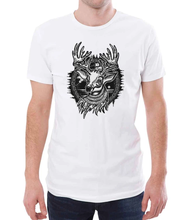 Biała koszulka męska na święta ze wzorem renifera. Czarny nadruk na T-shircie dla mężczyzn.