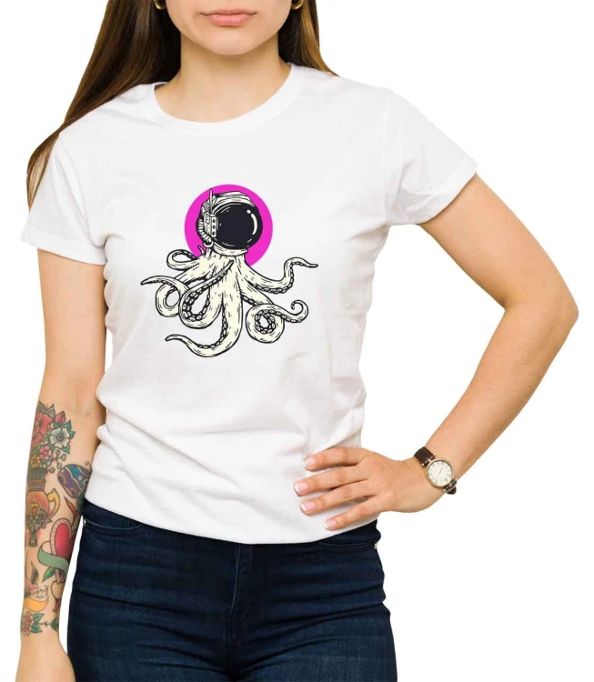 Biały damski T-shirt z ośmiornicą w kasku astronauty