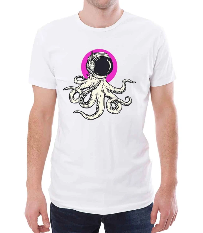Biały T-shirt męski z kosmiczną ośmiornicą