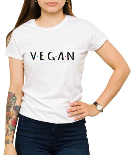 Biała kobieca koszulka z nadrukiem VEGAN - napis podobny do tytułu serialu "Przyjaciele".