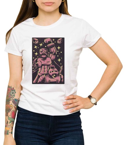 Biały damski T-shirt walka robotów