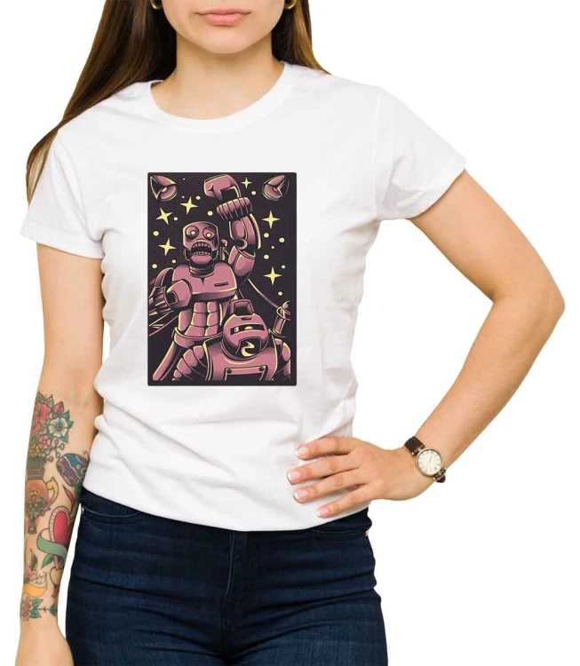 Biały damski T-shirt walka robotów