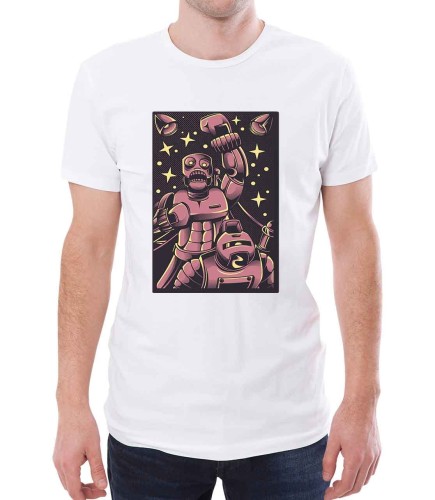 Biały męski T-shirt z walkami robotów