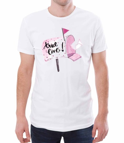 Biały męski T-shirt z różową skrzynką i listem, z napisem true love