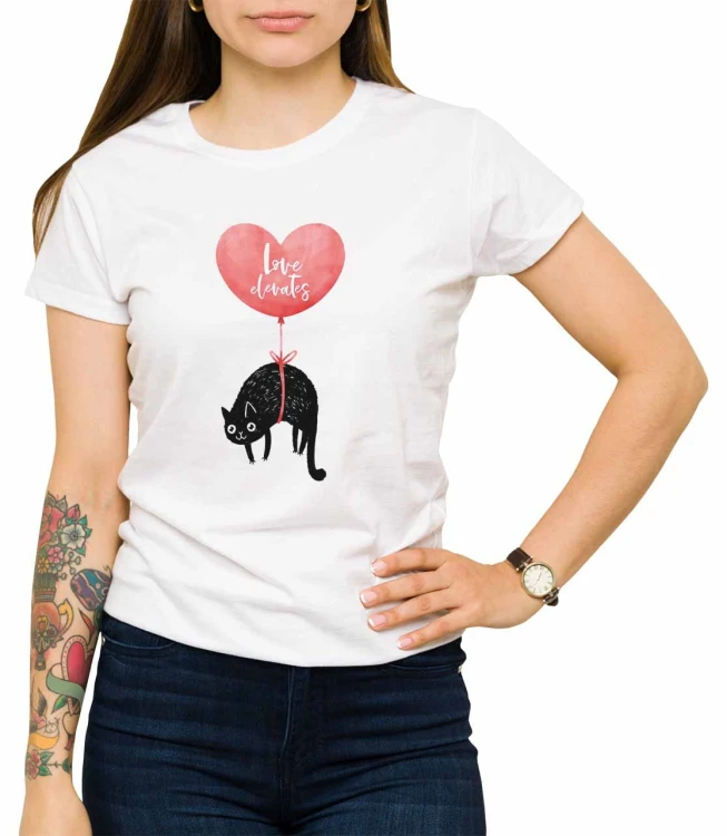 Biały damski T-shirt kot i balonik - koszulka z czarnym latającym kocurem z balonem w kształcie serca