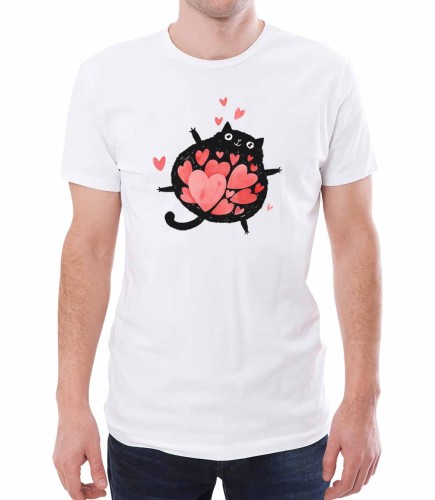 T-shirt dla niego kot pełen miłości - biała koszulka męska z dużym kotem, który połknął serca