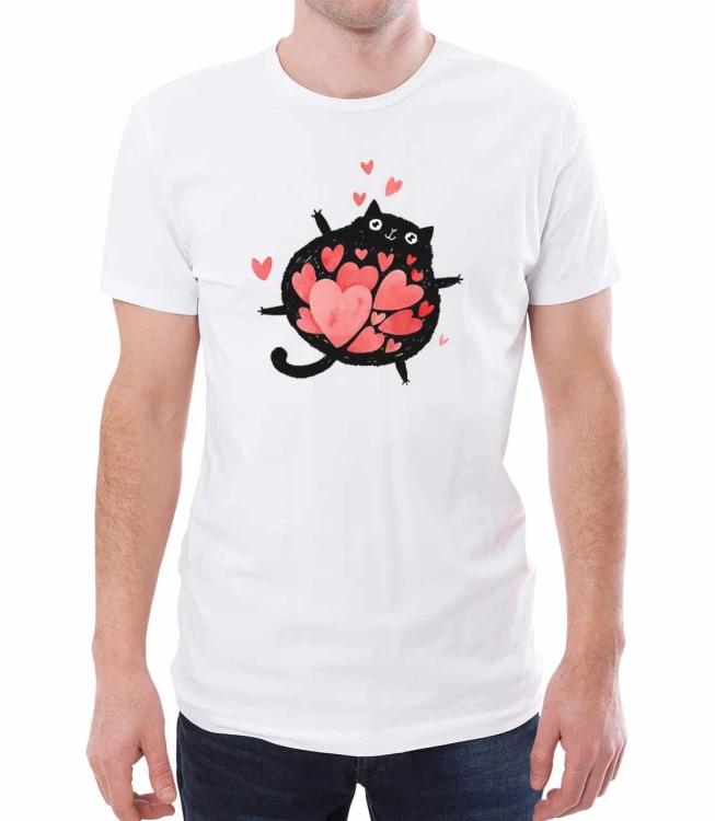 T-shirt dla niego kot pełen miłości - biała koszulka męska z dużym kotem, który połknął serca