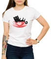 Biały T-shirt dla niej z nadrukiem czarnego kota w czerwonej filiżance z sercem