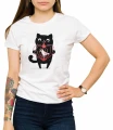 Biała koszulka damska dla niej kot z klatką - T-shirt z czarnym kotem, który złapał ptaszka w klatkę