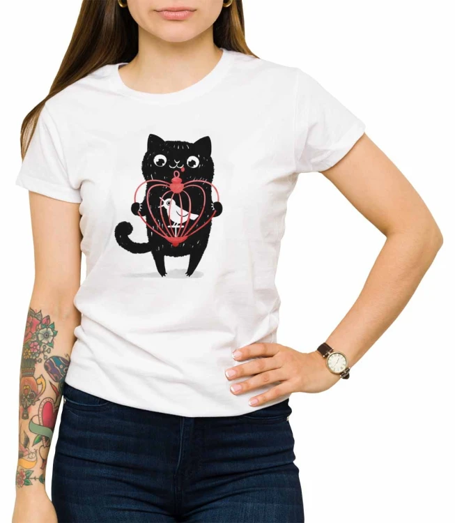 Biała koszulka damska dla niej kot z klatką - T-shirt z czarnym kotem, który złapał ptaszka w klatkę